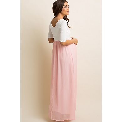 Maternity Petite Light Pink Chiffon Colorblock Maternity Maxi Dress