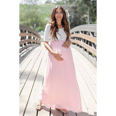 Maternity Petite Light Pink Chiffon Colorblock Maternity Maxi Dress