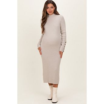 Maternity Grey Button Sleeve Sweater Midi Dress