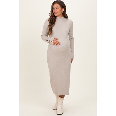 Maternity Grey Button Sleeve Sweater Midi Dress