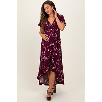Maternity Floral Short Sleeve Wrap Hi-Low Maxi Dress