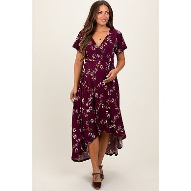 Maternity Floral Short Sleeve Wrap Hi-Low Maxi Dress