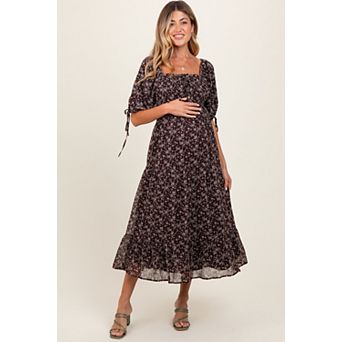 Maternity Brown Floral Smocked Sleeve Tie Midi Dress
