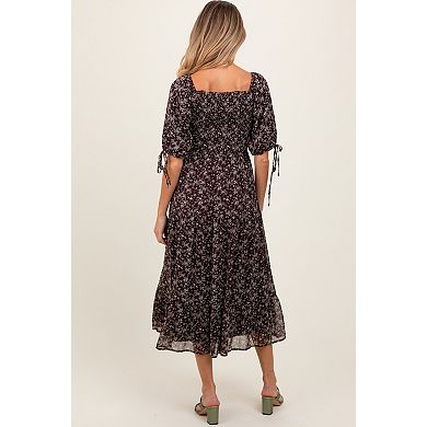 Maternity Brown Floral Smocked Sleeve Tie Midi Dress