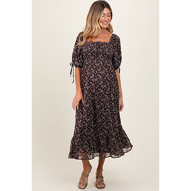 Maternity Brown Floral Smocked Sleeve Tie Midi Dress