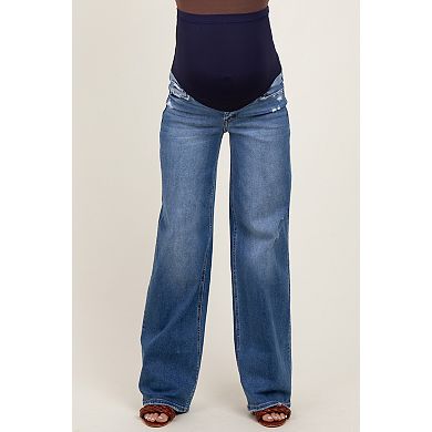 Maternity Lightly Distressed Wide Leg Maternity Jeans