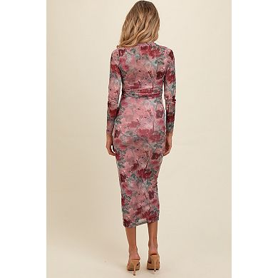 Maternity Floral Printed Mesh Overlay Maxi Dress