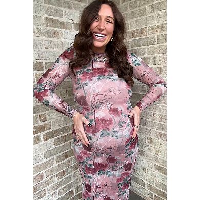 Maternity Floral Printed Mesh Overlay Maxi Dress