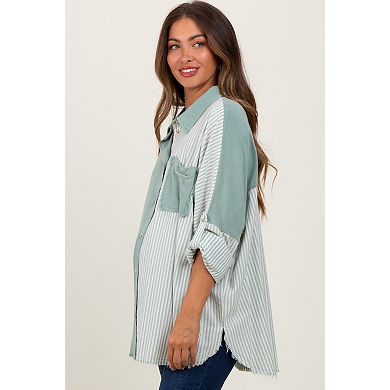 Maternity Olive Colorblock Stripe Oversized Button Down