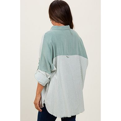 Maternity Olive Colorblock Stripe Oversized Button Down