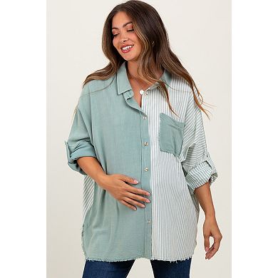 Maternity Olive Colorblock Stripe Oversized Button Down