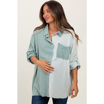 Maternity Olive Colorblock Stripe Oversized Button Down