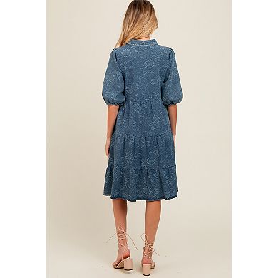 Maternity Denim Button Front Short Puff Sleeve Dress