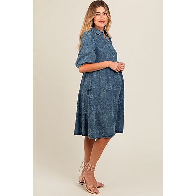 Maternity Denim Button Front Short Puff Sleeve Dress
