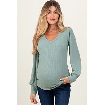 Maternity Olive Ribbed Knit V-Neck Button Cuff Top