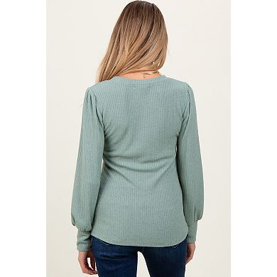 Maternity Olive Ribbed Knit V-Neck Button Cuff Top