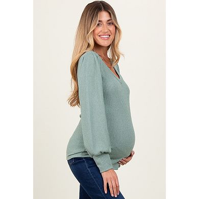 Maternity Olive Ribbed Knit V-Neck Button Cuff Top