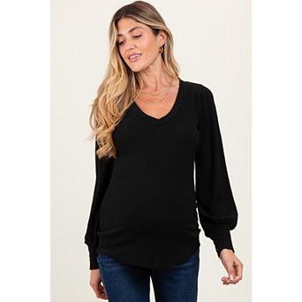 Maternity Ribbed Knit V-Neck Button Cuff Top
