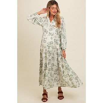 Maternity Floral Button Front Tiered Long Sleeve Maxi Dress