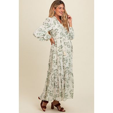 Maternity Floral Button Front Tiered Long Sleeve Maxi Dress