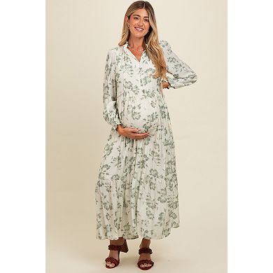 Maternity Floral Button Front Tiered Long Sleeve Maxi Dress
