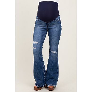 Maternity Blue Distressed Maternity Flare Jeans