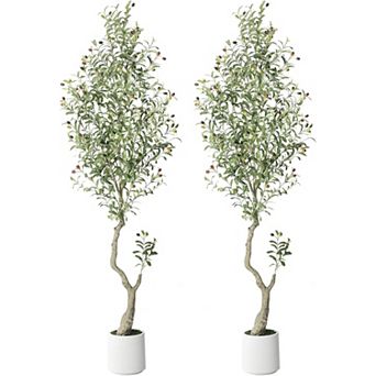 Set of 2 Artificial Olive Trees with Big Fruits in Planters, Faux Indoor Plants for Home & Office