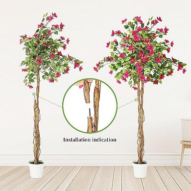 Artificial Bougainvillea Tree with Pink Flowers&Wood Trunk,Tall Faux Plant for Outdoor/Indoor Decor
