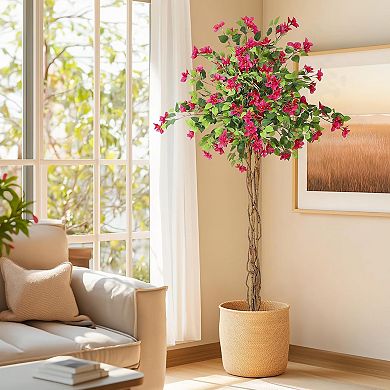 Artificial Bougainvillea Tree with Pink Flowers&Wood Trunk,Tall Faux Plant for Outdoor/Indoor Decor