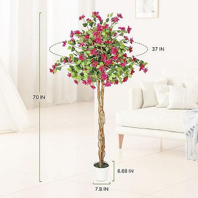 Artificial Bougainvillea Tree with Pink Flowers&Wood Trunk,Tall Faux Plant for Outdoor/Indoor Decor