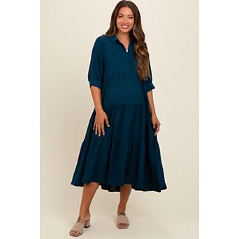 Maternity Teal Collared Button Up Tiered Midi Dress