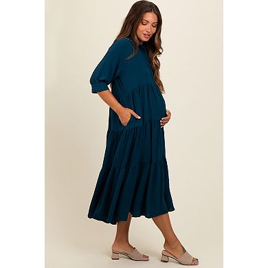 Maternity Teal Collared Button Up Tiered Midi Dress