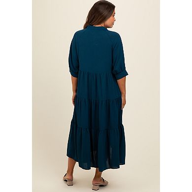 Maternity Teal Collared Button Up Tiered Midi Dress