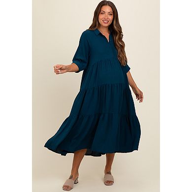 Maternity Teal Collared Button Up Tiered Midi Dress
