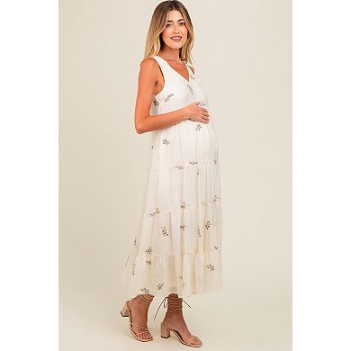 Maternity Ditsy Floral Embroidered V Neck Tiered Dress
