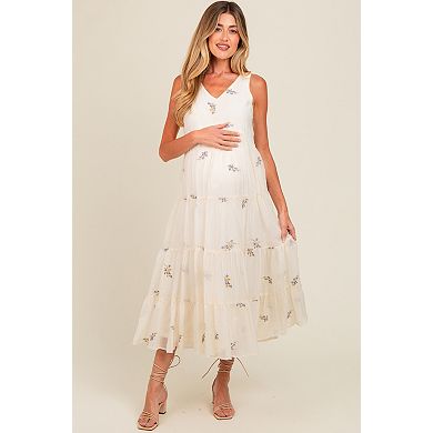 Maternity Ditsy Floral Embroidered V Neck Tiered Dress