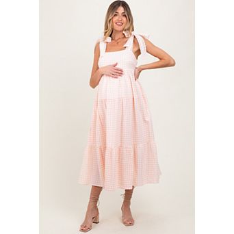 Maternity Pink Gingham Lace Trim Shoulder Tie Maxi Dress