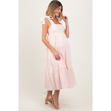 Maternity Pink Gingham Lace Trim Shoulder Tie Maxi Dress