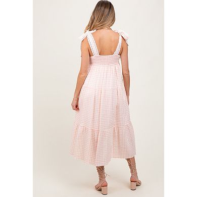 Maternity Pink Gingham Lace Trim Shoulder Tie Maxi Dress