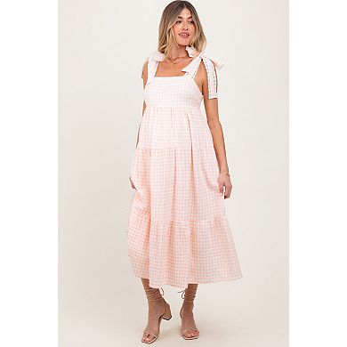 Maternity Pink Gingham Lace Trim Shoulder Tie Maxi Dress