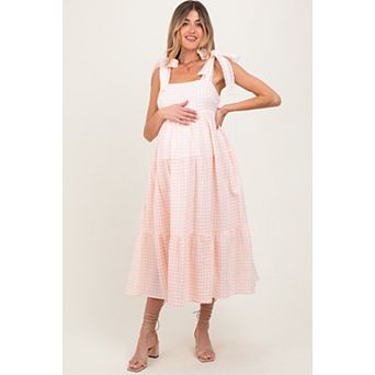 Maternity Gingham Lace Trim Shoulder Tie Maxi Dress