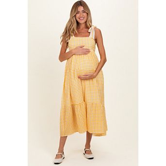 Maternity Gingham Lace Trim Shoulder Tie Maxi Dress