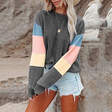 Women Color Block Sweatshirt Casual Loose Pullover Tops