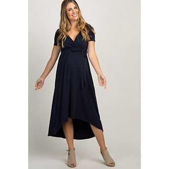 Maternity Navy Blue Solid Hi-Low Wrap Dress