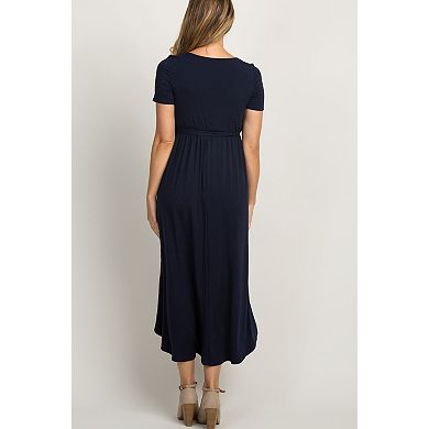 Maternity Navy Blue Solid Hi-Low Wrap Dress