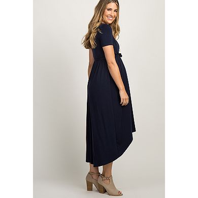 Maternity Navy Blue Solid Hi-Low Wrap Dress