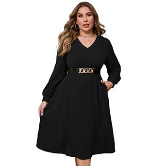 Plus Size Women Elegant Long Sleeve Sweater Dress with Belt