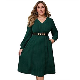 Plus Size Women Elegant Long Sleeve Sweater Dress with Belt
