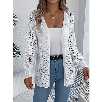 Women's Hollow Out Cardigan Lantern Long Sleeve Mid-Length Open Front Knit Outerwear