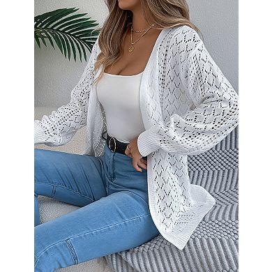 Women's Hollow Out Cardigan Lantern Long Sleeve Mid-Length Open Front Knit Outerwear